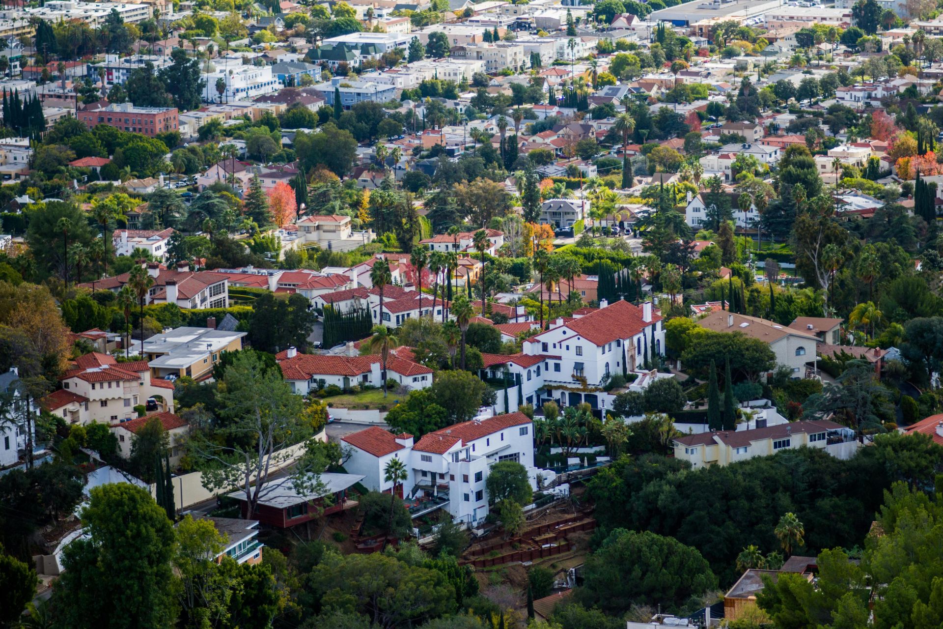 Discover the vibrant residential landscape of Los Angeles, CA from above.